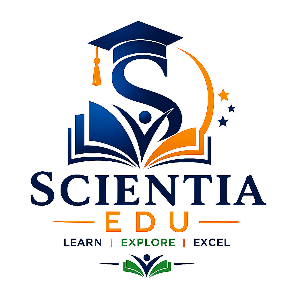 ScientiaEdu.com logo representing India's trusted teacher network with an open book, graduation cap, learner icon, and educational symbols promoting quality teaching and learning.
